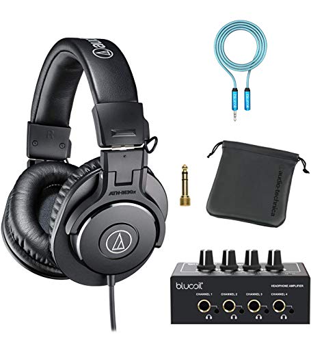 Audio-Technica ATH-M30x Professional Studio Monitor Headphones for Studio Tracking and Mixing (Black) Bundle with Blucoil 4-Channel Headphone Amplifier, and 6-FT Headphone Extension Cable (3.5mm)