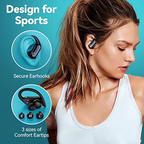 GNMN Bluetooth Headphones Wireless Earbuds 48hrs Playback IPX7 Waterproof Earphones Over-Ear Stereo Bass Headset with Earhooks Microphone LED Battery Display for Sports/Workout/Gym Black