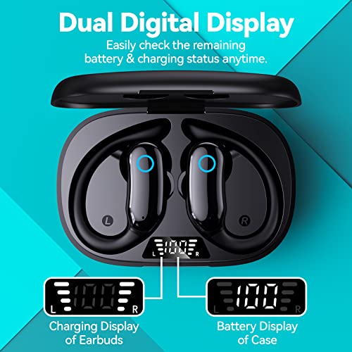 GNMN Bluetooth Headphones Wireless Earbuds 48hrs Playback IPX7 Waterproof Earphones Over-Ear Stereo Bass Headset with Earhooks Microphone LED Battery Display for Sports/Workout/Gym Black