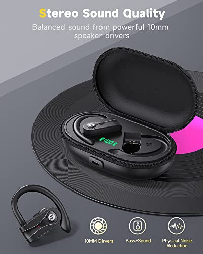 Bluetooth Headphones with 4 Mics Clear Call Stereo Sound Wireless Earbuds 60Hrs Playtime with Wireless Charging Case Over Ear Earphones LED Digital Display Headset with Earhooks for Sports Running TWS