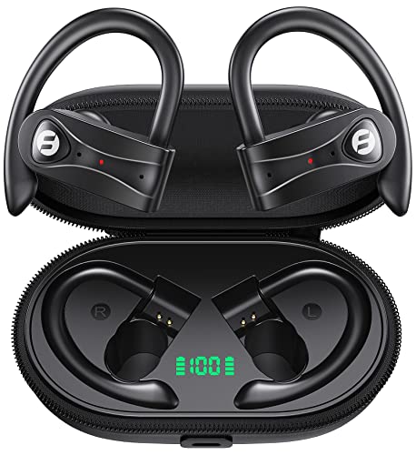 Bluetooth Headphones with 4 Mics Clear Call Stereo Sound Wireless Earbuds 60Hrs Playtime with Wireless Charging Case Over Ear Earphones LED Digital Display Headset with Earhooks for Sports Running TWS