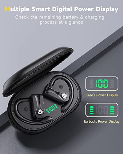 Bluetooth Headphones with 4 Mics Clear Call Stereo Sound Wireless Earbuds 60Hrs Playtime with Wireless Charging Case Over Ear Earphones LED Digital Display Headset with Earhooks for Sports Running TWS