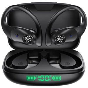 rizizi wireless earbuds bluetooth headphones with wireless charging case and led digital display 40hrs playtime built in mic waterproof earphones with over earhooks bass sound headset for sport gym