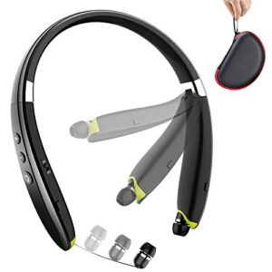 beartwo bluetooth headphones, upgraded foldable wireless neckband headset with retractable earbuds, noise cancelling stereo earphones with mic for workout, running, driving (with carry case)