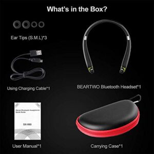 BEARTWO Bluetooth Headphones, Upgraded Foldable Wireless Neckband Headset with Retractable Earbuds, Noise Cancelling Stereo Earphones with Mic for Workout, Running, Driving (with Carry Case)