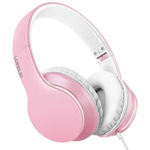 lorelei x6 over-ear headphones with microphone, lightweight foldable & portable stereo bass headphones with 1.45m no-tangle, wired headphones for smartphone tablet mp3 / 4 (pearl pink)