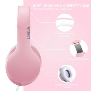 LORELEI X6 Over-Ear Headphones with Microphone, Lightweight Foldable & Portable Stereo Bass Headphones with 1.45M No-Tangle, Wired Headphones for Smartphone Tablet MP3 / 4 (Pearl Pink)