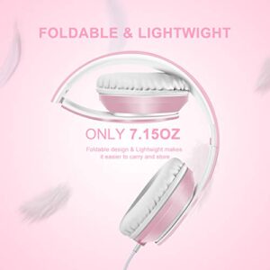 LORELEI X6 Over-Ear Headphones with Microphone, Lightweight Foldable & Portable Stereo Bass Headphones with 1.45M No-Tangle, Wired Headphones for Smartphone Tablet MP3 / 4 (Pearl Pink)