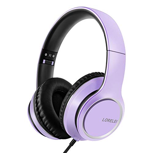 LORELEI X8 Over-Ear Wired Headphones with Microphone with 1.45m-Tangle-Free Nylon Line&3.5mm Plug,Lightweight Foldable & Portable Headphones for Smartphone,Tablet,Computer,Mp3/4(Dark Purple)