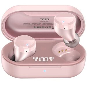 tozo t12 wireless earbuds bluetooth headphones premium fidelity sound quality wireless charging case digital led intelligence display ipx8 waterproof earphones built-in mic headset for sport rose-gold