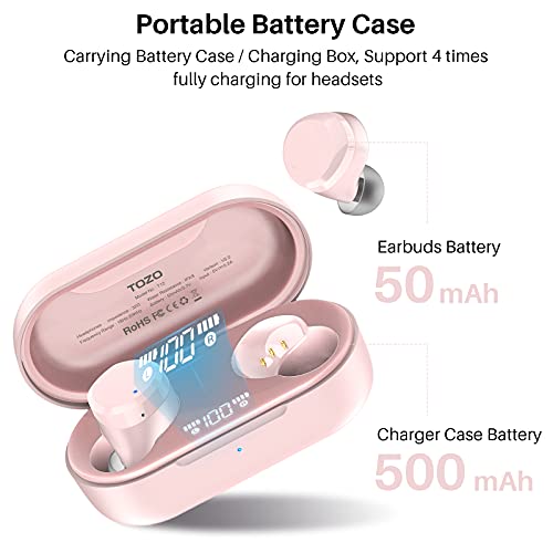 TOZO T12 Wireless Earbuds Bluetooth Headphones Premium Fidelity Sound Quality Wireless Charging Case Digital LED Intelligence Display IPX8 Waterproof Earphones Built-in Mic Headset for Sport Rose-Gold