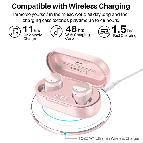 TOZO T12 Wireless Earbuds Bluetooth Headphones Premium Fidelity Sound Quality Wireless Charging Case Digital LED Intelligence Display IPX8 Waterproof Earphones Built-in Mic Headset for Sport Rose-Gold