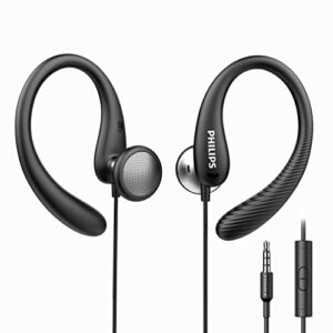 philips over the ear earbuds, flexible wrap around earbuds, around ear headphones with mic behind the ear headphones, perfect for sports, running, exercise, gym, lightweight earhook sports headphones