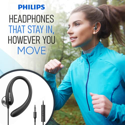 Philips Over The Ear Earbuds, Flexible Wrap Around Earbuds, Around Ear Headphones with Mic Behind The Ear Headphones, Perfect for Sports, Running, Exercise, Gym, Lightweight Earhook Sports Headphones