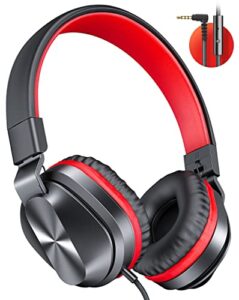 on-ear headphones with microphone, 2022 newest foldable wired headphones for adults kids, lightweight portable stereo headphones with 1.5m tangle-free cord for school home, black in red (ab078)