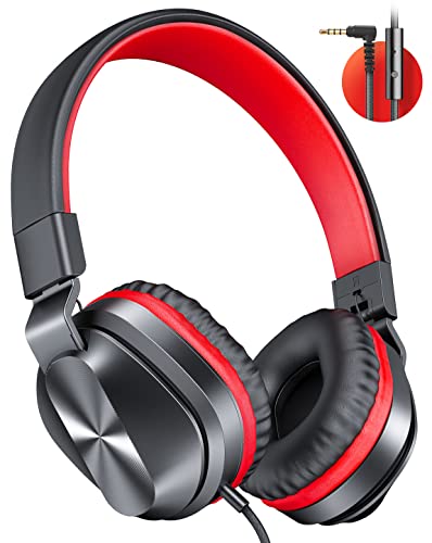 On-Ear Headphones with Microphone, 2022 Newest Foldable Wired Headphones for Adults Kids, Lightweight Portable Stereo Headphones with 1.5M Tangle-Free Cord for School Home, Black in Red (AB078)