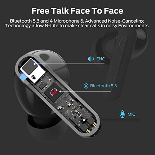 Monster N-Lite Clear Talk Wireless Earbuds Bluetooth 5.3 Headphones with CVC 8.0 Noise Reduction, IPX8 Waterproof in-Ear Stereo Earphones 60H Playtime, with Fast Charging for Sport