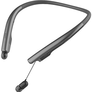 EXFIT BCS-700 | Wireless Bluetooth Headphone Neckband with Retractable Earbuds, Auto Answer on Earbud Pull for Office, Phone Call (Charcoal Black)