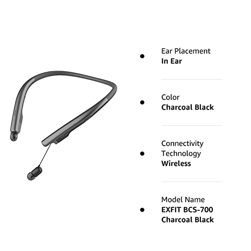 EXFIT BCS-700 | Wireless Bluetooth Headphone Neckband with Retractable Earbuds, Auto Answer on Earbud Pull for Office, Phone Call (Charcoal Black)