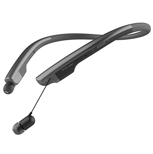 EXFIT BCS-700 | Wireless Bluetooth Headphone Neckband with Retractable Earbuds, Auto Answer on Earbud Pull for Office, Phone Call (Charcoal Black)