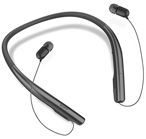 EXFIT BCS-700 | Wireless Bluetooth Headphone Neckband with Retractable Earbuds, Auto Answer on Earbud Pull for Office, Phone Call (Charcoal Black)