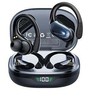 wireless earbuds, 75h playtime bluetooth earbuds built in noise cancellation mic, bluetooth headphones with charging case and led display, sport hearphones with earhooks stereo wireless headphones