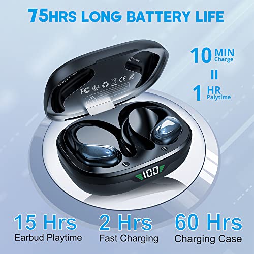 Wireless Earbuds, 75H Playtime Bluetooth Earbuds Built in Noise Cancellation Mic, Bluetooth Headphones with Charging Case and LED Display, Sport Hearphones with Earhooks Stereo Wireless Headphones