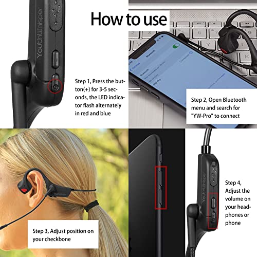 YouthWhisper Bone Conduction Bluetooth Headphones, Open-Ear Headphones with Noise-Canceling Microphone, Wireless Headset for Work, Learning, Running, Driving（Pro）