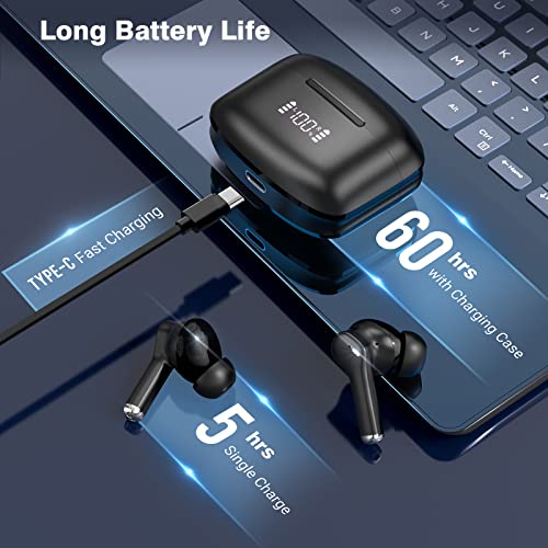 Kargebay Wireless Earbuds, Bluetooth 5.3 Stereo Earphones, 60H Playback LED Power Display Bluetooth Headphones in-Ear with Noise Cancelling Mic Premium Deep Bass Headset for Sports and Work