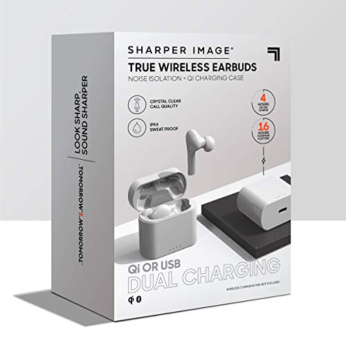 Sharper Image Soundhaven Wireless Earbuds, Bluetooth 5.0 with Qi Wireless Charging, Earphones with 4 Mics, 16 hr Playtime, Ergonomic Design, 5 Ear Tip Sizes