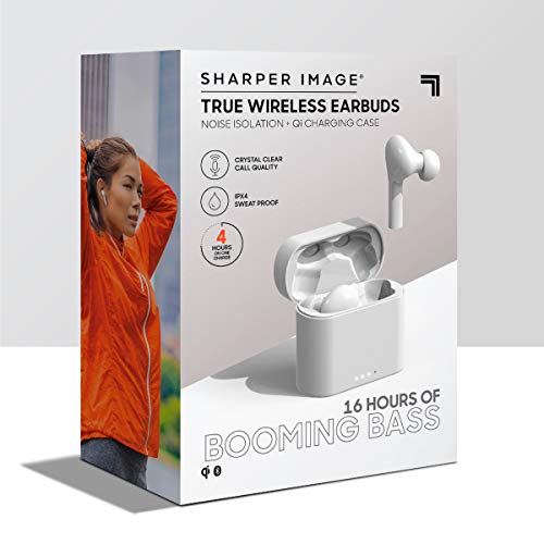 Sharper Image Soundhaven Wireless Earbuds, Bluetooth 5.0 with Qi Wireless Charging, Earphones with 4 Mics, 16 hr Playtime, Ergonomic Design, 5 Ear Tip Sizes