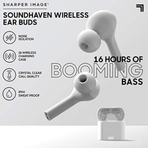 Sharper Image Soundhaven Wireless Earbuds, Bluetooth 5.0 with Qi Wireless Charging, Earphones with 4 Mics, 16 hr Playtime, Ergonomic Design, 5 Ear Tip Sizes