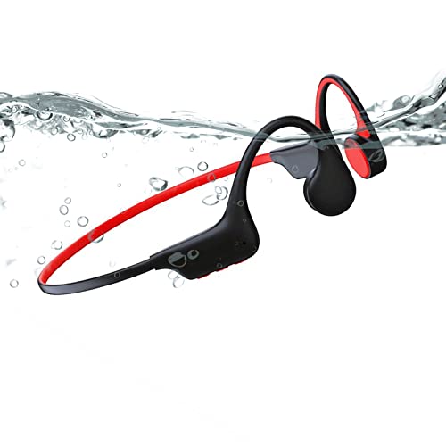 Waterproof Bone Conduction Bluetooth Headphones Ultralight Swimming Headphones IP68 Waterproof Bluetooth 5.3 Open Ear Wireless Sports Headset with MP3 Play 16G Memory for Running Swimming (Black Red)