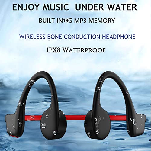 Waterproof Bone Conduction Bluetooth Headphones Ultralight Swimming Headphones IP68 Waterproof Bluetooth 5.3 Open Ear Wireless Sports Headset with MP3 Play 16G Memory for Running Swimming (Black Red)