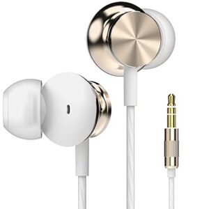 betron bs10 earphones wired in ear earbud headphones strong bass noise isolating ear buds 3.5mm jack tangle-free cord compatible with tablet laptop iphone ipad smartphones (gold)