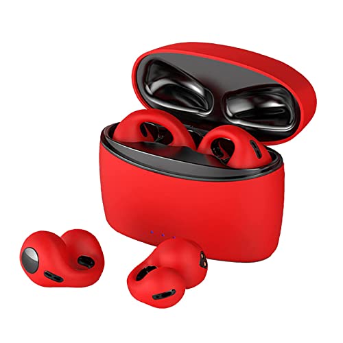 Wireless Ear Clip Bone Conduction Earbuds Open Ear Headphones Wireless Bluetooth for Android iPhone, Sport Wireless Earbuds with Earhooks Up to 36 Hours Playtime Waterproof Outer Ear Earbuds (Red)