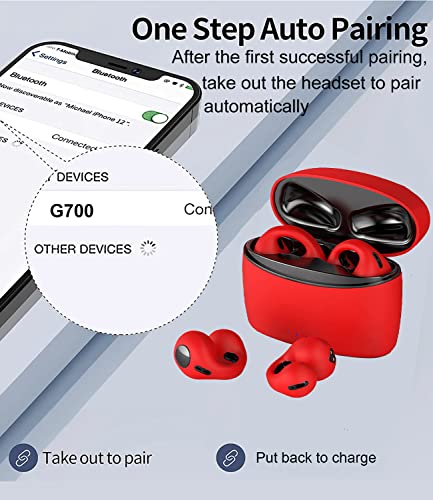 Wireless Ear Clip Bone Conduction Earbuds Open Ear Headphones Wireless Bluetooth for Android iPhone, Sport Wireless Earbuds with Earhooks Up to 36 Hours Playtime Waterproof Outer Ear Earbuds (Red)