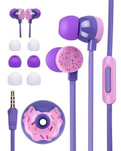 ohedmeh wired earbuds for kids in-ear headphones, cute donut kids earphones for school, flat cable cute earbud with microphone and lovely kids ear buds storage case for girls boys and adults (purple)