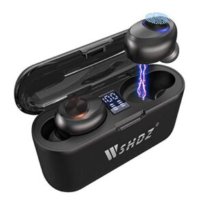 wireless bluetooth earbuds with mic, wshdz t7 touch control waterproof immersive bass stereo long battery headphones, portable charging case with led display, headset for sports, android, phone black