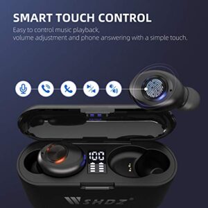 Wireless Bluetooth Earbuds with Mic, WSHDZ T7 Touch Control Waterproof Immersive Bass Stereo Long Battery Headphones, Portable Charging Case with LED Display, Headset for Sports, Android, Phone Black