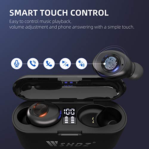 Wireless Bluetooth Earbuds with Mic, WSHDZ T7 Touch Control Waterproof Immersive Bass Stereo Long Battery Headphones, Portable Charging Case with LED Display, Headset for Sports, Android, Phone Black