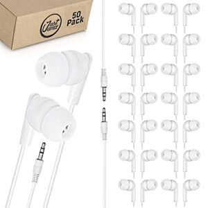 justjamz bulk earbuds 50 pack | basic ear bud, pearl white in-ear earbuds, disposable headphones, class set of earphones for students, class, school, kids, classroom & library, wired earbuds bundle