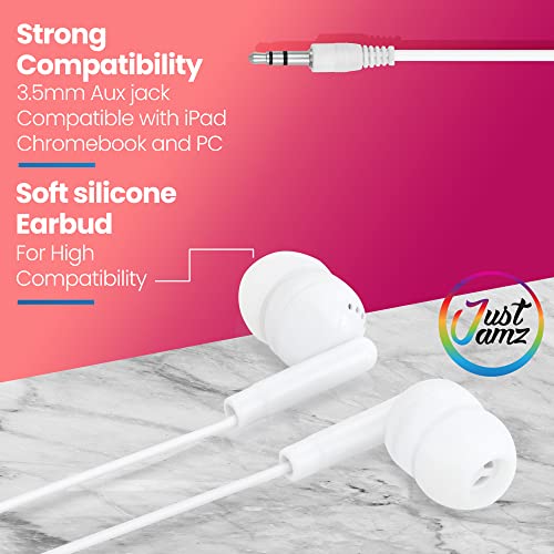 JustJamz Bulk Earbuds 50 Pack | Basic Ear Bud, Pearl White in-Ear Earbuds, Disposable Headphones, Class Set of Earphones for Students, Class, School, Kids, Classroom & Library, Wired Earbuds Bundle