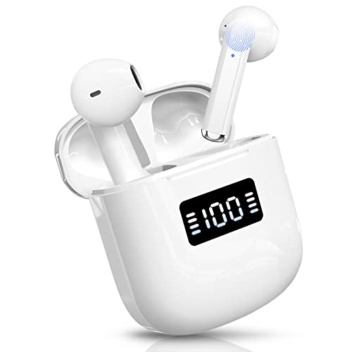 Wireless Earbuds, Bluetoth Earbuds Bluetooth 5.3 Headphones with 4 Mic, Ear Buds Wireless Bluetooth Earbuds, Wireless Headphones Sport with Noise Cancelling, 25H Playtime Earphones, LED Display, White