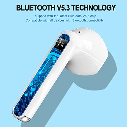 Wireless Earbuds, Bluetoth Earbuds Bluetooth 5.3 Headphones with 4 Mic, Ear Buds Wireless Bluetooth Earbuds, Wireless Headphones Sport with Noise Cancelling, 25H Playtime Earphones, LED Display, White