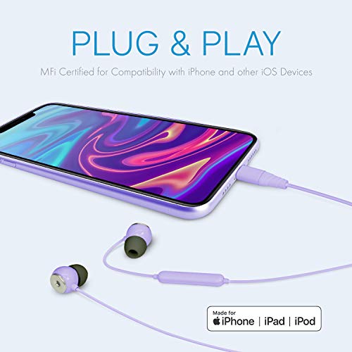 Realm Lightning Earbuds for iPhone, Apple MFi Certified Headphones, in-Ear Headphones with Built-in Microphone, Hands-Free Calling and Track Controls, Purple
