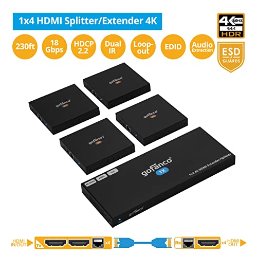 gofanco 1x4 HDMI Extender Splitter Over CAT6/7 – Up to 230ft (70m), 4K 60Hz 4:4:4, HDR, HDCP 2.2, Dual IR, EDID, Loopout, 5.1-ch Digital Audio, Toslink Audio Extraction, RS232 Control (HD20Ext-4P)