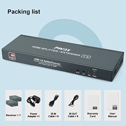 1080p 1x7 7 Port HDMI Extender Splitter Over CAT6/CAT6a/CAT7 Ethernet Cable with an HDMI Loop Out & Bi-Directional IR Remote Control &EDID Management(1 in 7 Out) –Up to 50m (165ft) at 1080p 60Hz