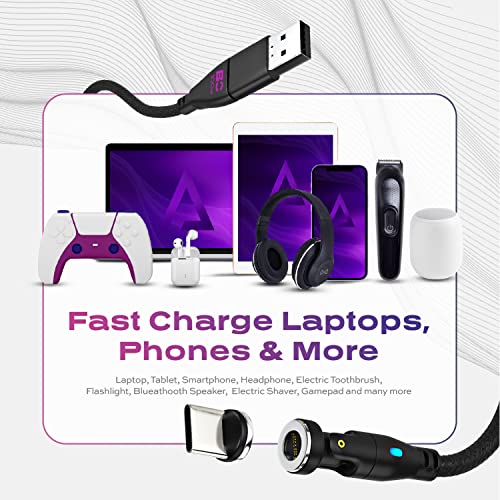 Statik 360 Pro Magnetic Charging Cable 100W Fast Charge Type C and Micro USB Magnet Connectors, 100 W Magnetic Charge Cable 6ft/2m, Data Transfer Capable, Compatible with All Devices