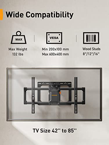 Perlegear UL Listed Full Motion TV Wall Mount for 42-85 inch TVs up to 132 lbs, TV Mount with Dual Articulating Arms, Tool-Free Tilt, Swivel, Extension, Leveling, Max VESA 600x400mm, 16" Studs, PGLF8